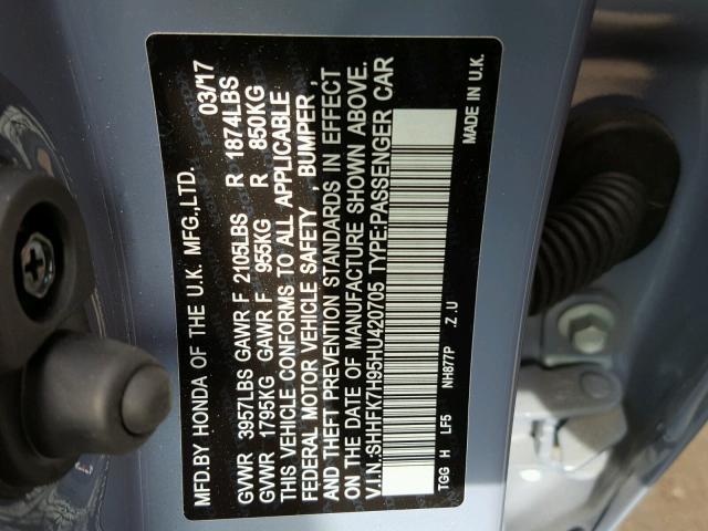 SHHFK7H95HU420705 - 2017 HONDA CIVIC SPOR BLUE photo 10