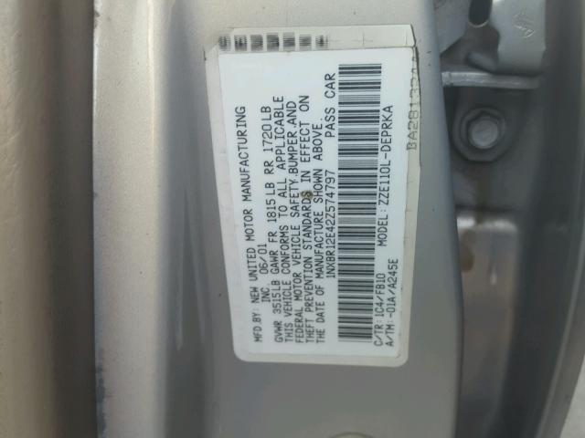 1NXBR12E42Z574797 - 2002 TOYOTA COROLLA CE SILVER photo 10