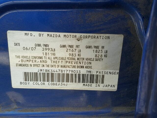 JM1BK344781779033 - 2008 MAZDA 3 HATCHBAC BLUE photo 10