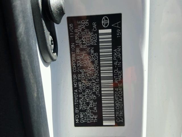 JTKDE167390298028 - 2009 TOYOTA SCION TC 白色 照片 10