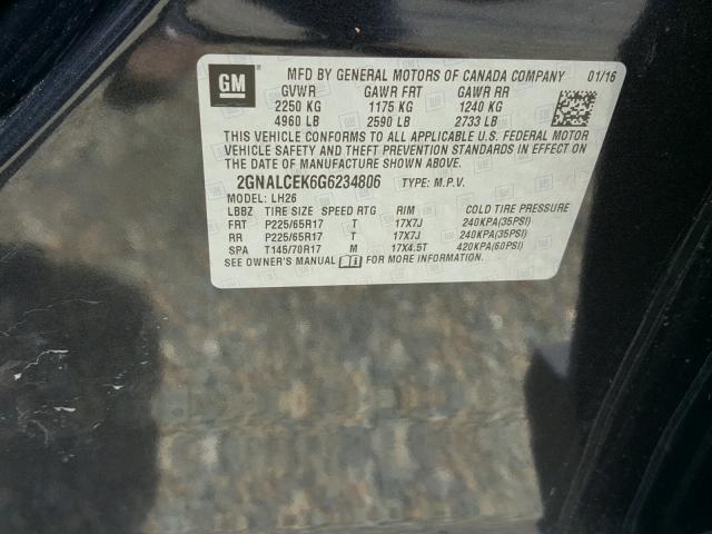 2GNALCEK6G6234806 - 2016 CHEVROLET EQUINOX LT GRAY photo 10