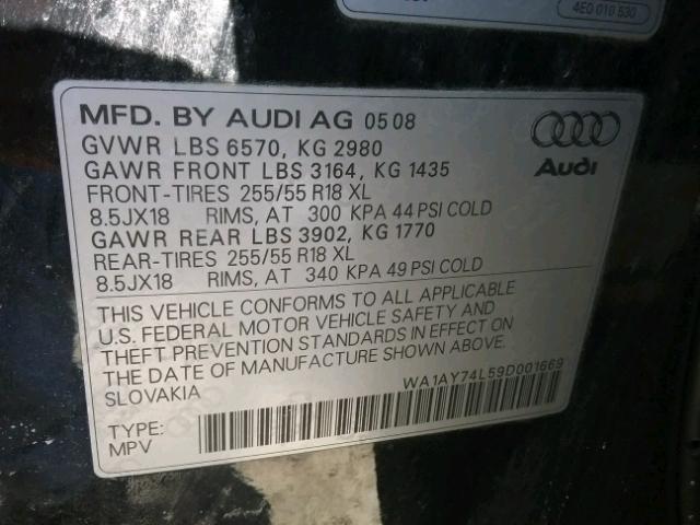 WA1AY74L59D001669 - 2009 AUDI Q7 3.6 QUA BLACK photo 10