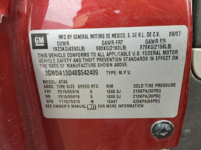 3GNDA13D48S542409 - 2008 CHEVROLET HHR LS BURGUNDY photo 10