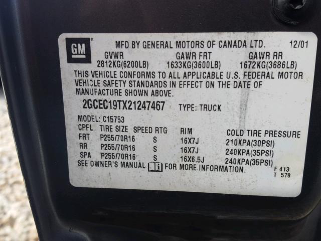 2GCEC19TX21247467 - 2002 CHEVROLET SILVERADO GRAY photo 10