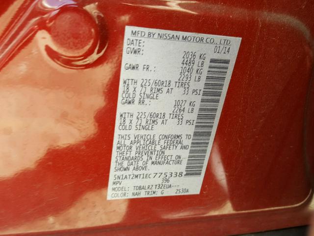 5N1AT2MT1EC775338 - 2014 NISSAN ROGUE S RED photo 10