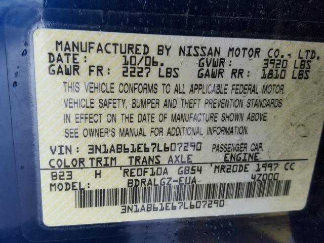 3N1AB61E67L607290 - 2007 NISSAN SENTRA 2.0 BLUE photo 10