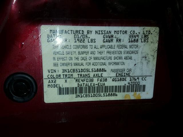 3N1CB51D05L518886 - 2005 NISSAN SENTRA 1.8 BURGUNDY photo 10