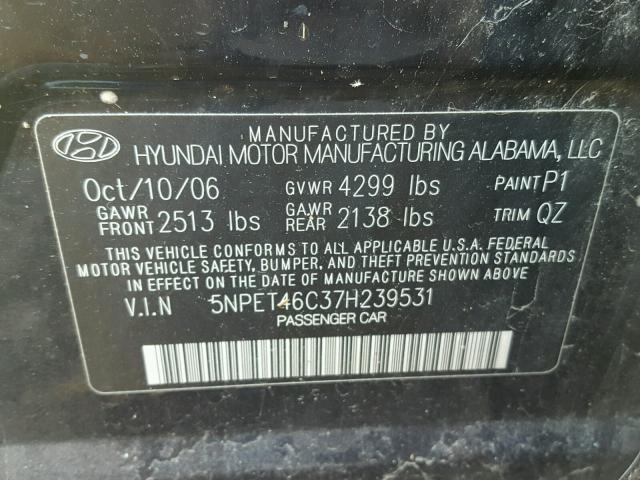 5NPET46C37H239531 - 2007 HYUNDAI SONATA GLS BLUE photo 10