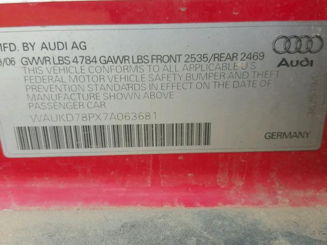 WAUKD78PX7A063681 - 2007 AUDI A3 S-LINE RED photo 10