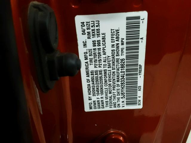 5J6YH28334L018626 - 2004 HONDA ELEMENT LX ORANGE photo 10