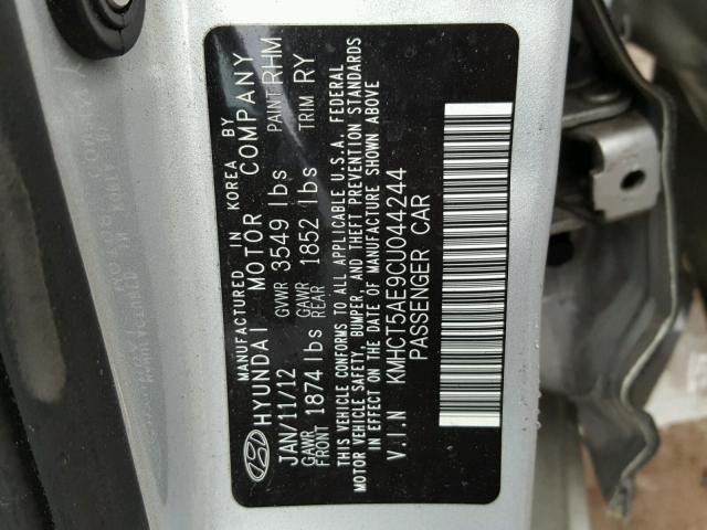 KMHCT5AE9CU044244 - 2012 HYUNDAI ACCENT GLS SILVER photo 10