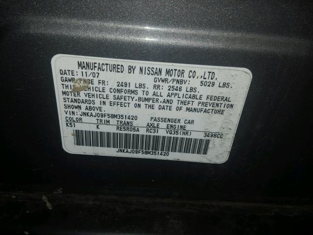 JNKAJ09F58M351420 - 2008 INFINITI EX35 BASE GRAY photo 10