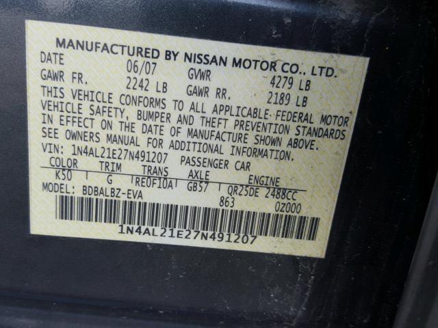 1N4AL21E27N491207 - 2007 NISSAN ALTIMA 2.5 GRAY photo 10