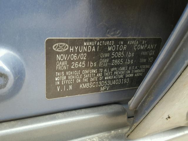 KM8SC13D53U403193 - 2003 HYUNDAI SANTA FE G BLUE photo 10