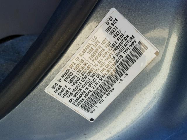 5FNRL38747B080173 - 2007 HONDA ODYSSEY EX BLUE photo 10