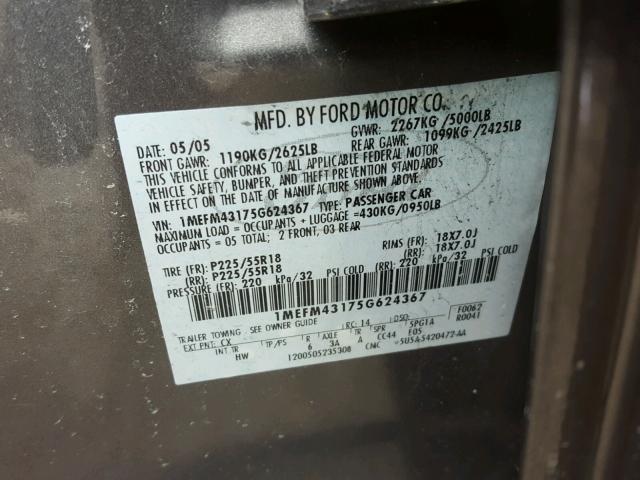 1MEFM43175G624367 - 2005 MERCURY MONTEGO PR GRAY photo 10