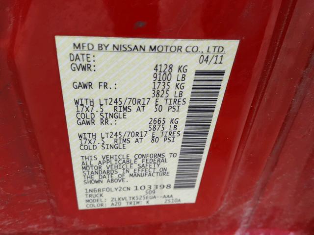 1N6BF0LY2CN103398 - 2012 NISSAN NV 2500 RED photo 10