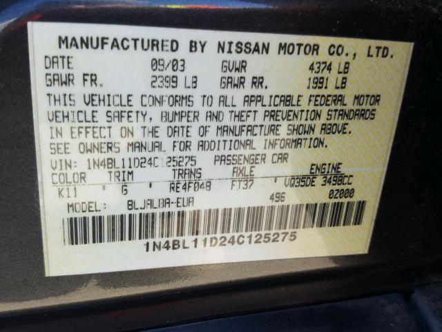 1N4BL11D24C125275 - 2004 NISSAN ALTIMA SE GRAY photo 10