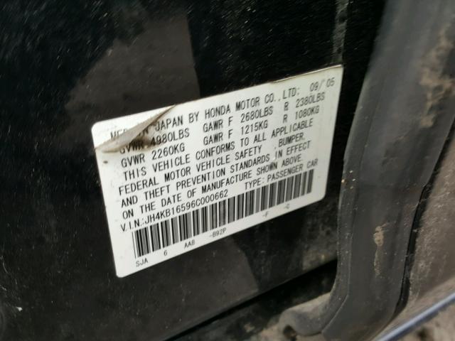JH4KB16596C000662 - 2006 ACURA RL შავი ფოტო 10