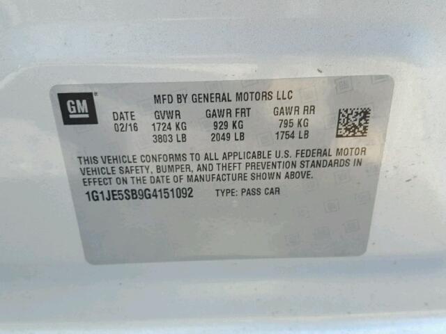 1G1JE5SB9G4151092 - 2016 CHEVROLET SONIC LTZ SILVER photo 10