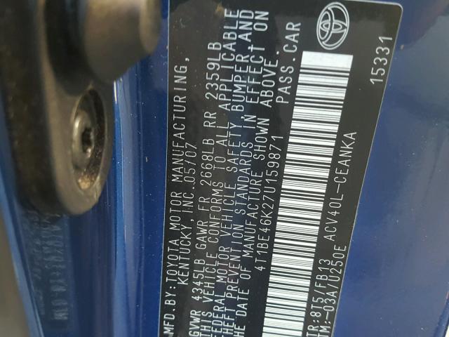 4T1BE46K27U159871 - 2007 TOYOTA CAMRY LE A Көк фото 10
