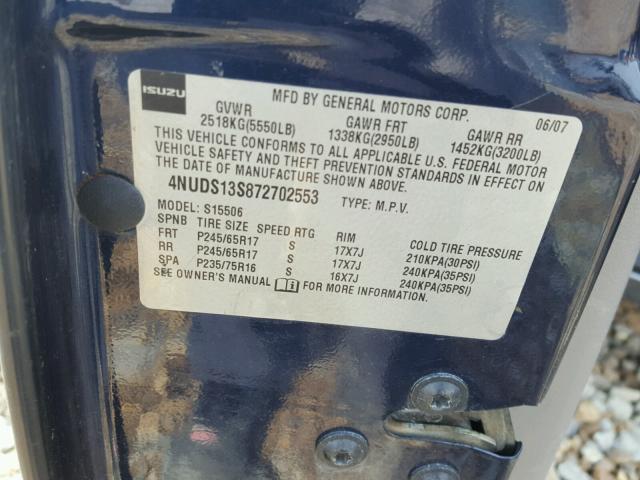 4NUDS13S872702553 - 2007 ISUZU ASCENDER S 蓝色 照片 10