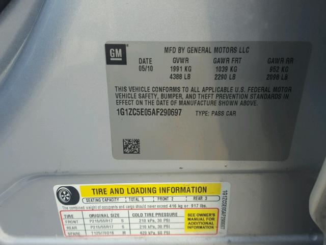 1G1ZC5E05AF290697 - 2010 CHEVROLET MALIBU 1LT 银色 照片 10