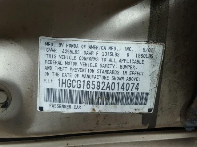 1HGCG16592A014074 - 2002 HONDA ACCORD EX TAN photo 10