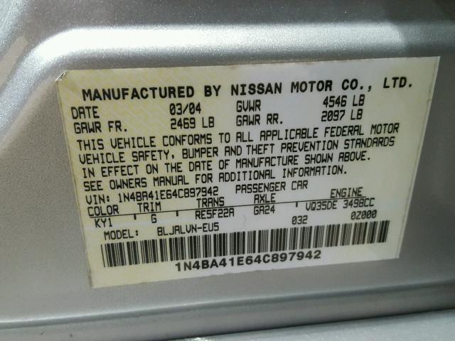 1N4BA41E64C897942 - 2004 NISSAN MAXIMA SE SILVER photo 10