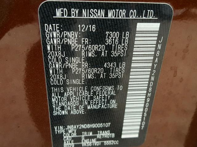 JN8AY2ND8H9005107 - 2017 NISSAN ARMADA SV BROWN photo 10