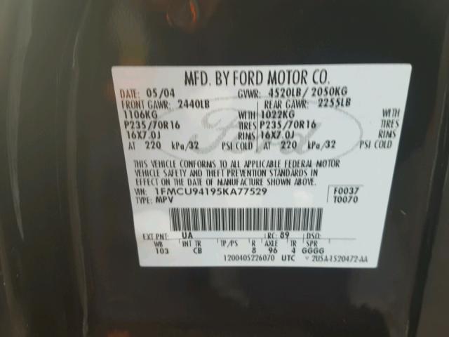 1FMCU94195KA77529 - 2005 FORD ESCAPE LIM BLACK photo 10