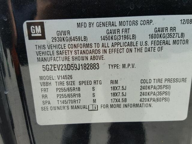 5GZEV23D59J182883 - 2009 SATURN OUTLOOK XR შავი ფოტო 10