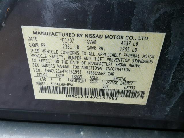 1N4CL21E47C161993 - 2007 NISSAN ALTIMA HYB GRAY photo 10