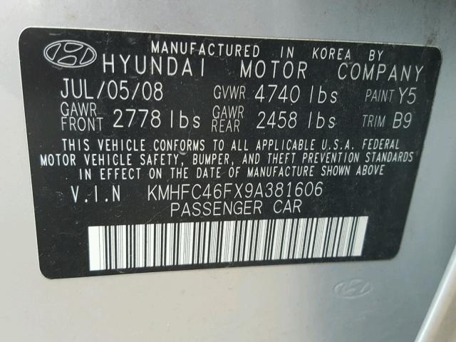 KMHFC46FX9A381606 - 2009 HYUNDAI AZERA SE SILVER photo 10