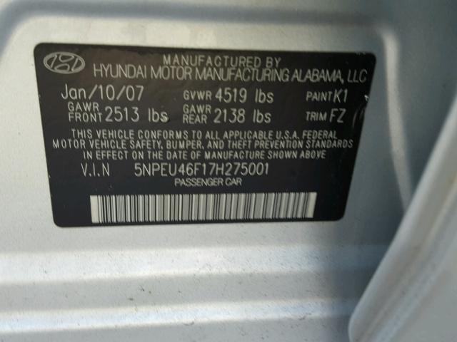 5NPEU46F17H275001 - 2007 HYUNDAI SONATA SE GRAY photo 10