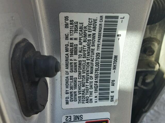 1HGFA16576L007939 - 2006 HONDA CIVIC LX SILVER photo 10