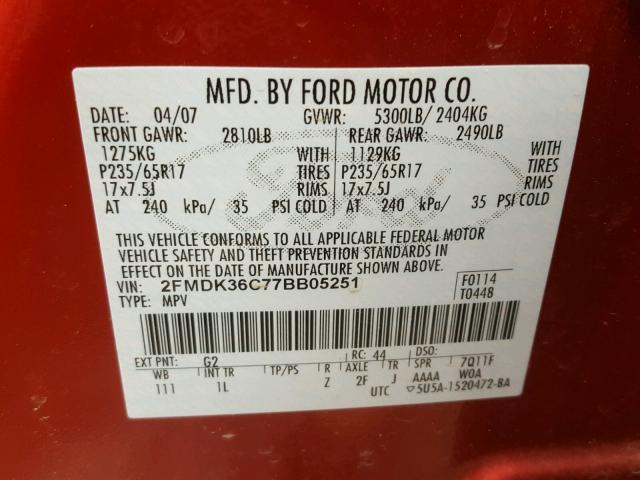 2FMDK36C77BB05251 - 2007 FORD EDGE SE RED photo 10