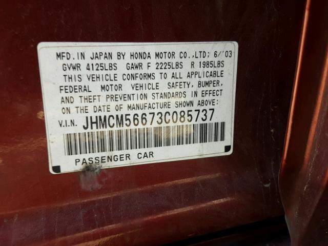 JHMCM56673C085737 - 2003 HONDA ACCORD EX MAROON photo 10