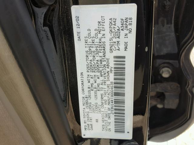 JTEBU14R730004638 - 2003 TOYOTA 4RUNNER SR BLACK photo 10