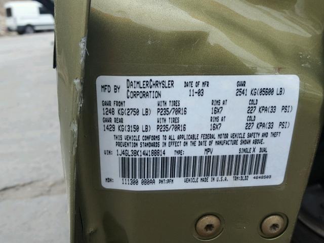 1J4GL38K14W188814 - 2004 JEEP LIBERTY RE GREEN photo 10