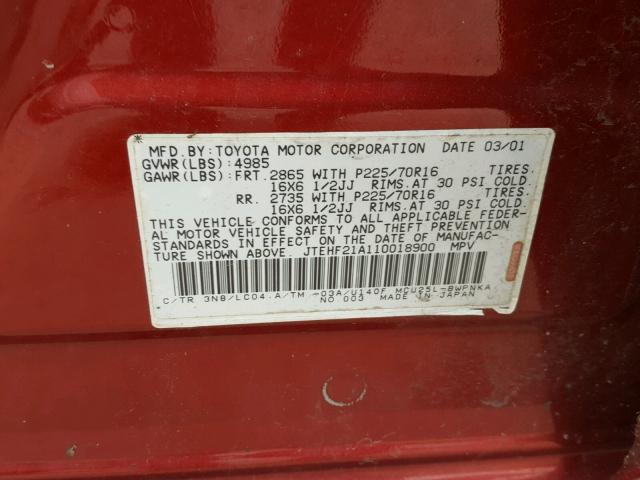 JTEHF21A110018900 - 2001 TOYOTA HIGHLANDER RED photo 10