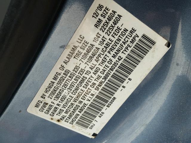 5FNRL38897B035142 - 2007 HONDA ODYSSEY TO BLUE photo 10