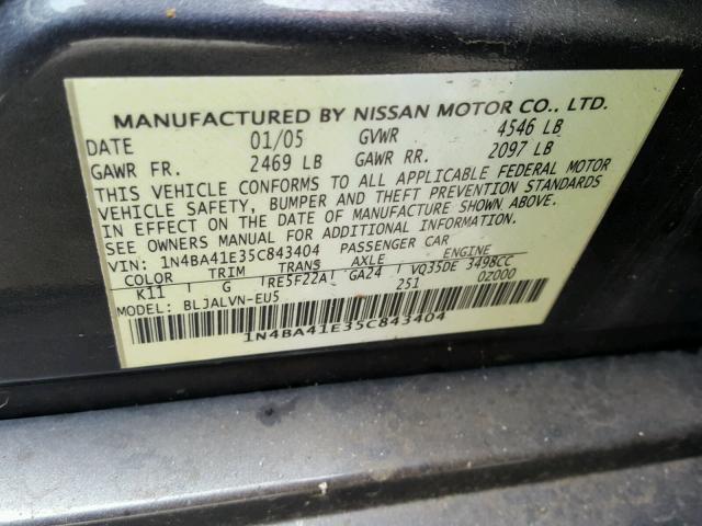 1N4BA41E35C843404 - 2005 NISSAN MAXIMA SE GRAY photo 10