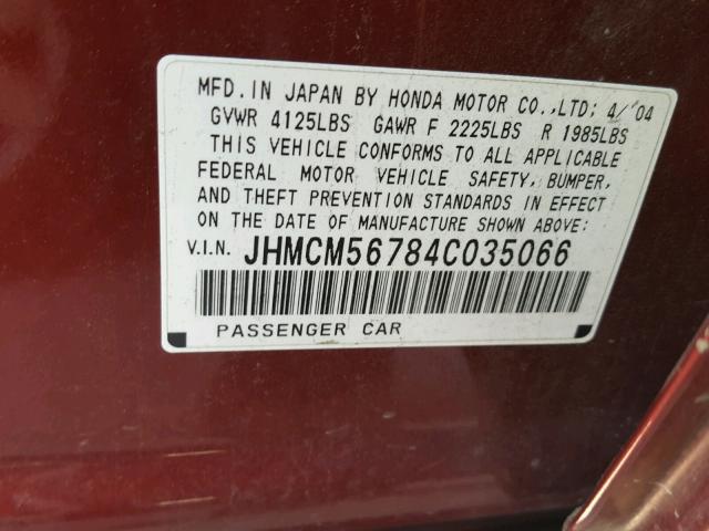 JHMCM56784C035066 - 2004 HONDA ACCORD EX BURGUNDY photo 10