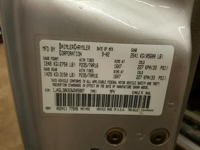 1J4GL38K63W505887 - 2003 JEEP LIBERTY RE SILVER photo 10