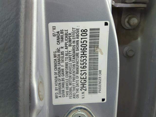 2HGES16553H605108 - 2003 HONDA CIVIC LX SILVER photo 10