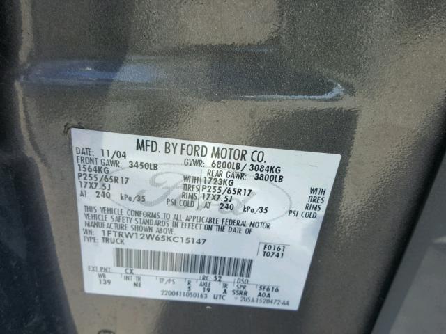 1FTRW12W65KC15147 - 2005 FORD F150 SUPER GRAY photo 10