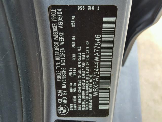 WBXPA73444WA77546 - 2004 BMW X3 2.5I BLUE photo 10