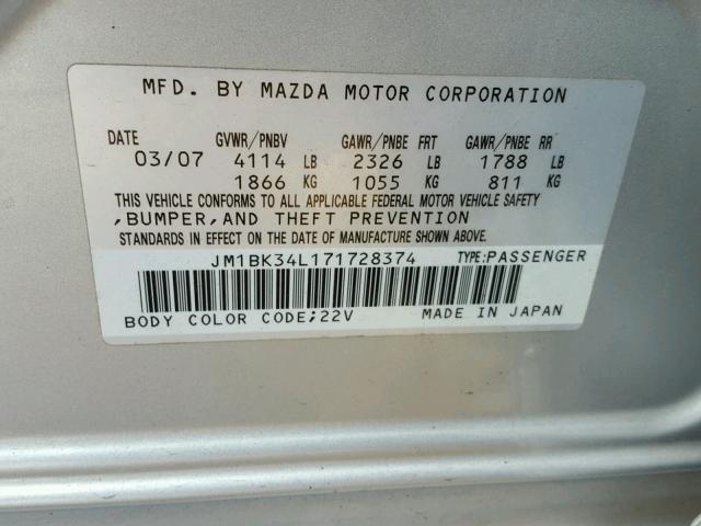 JM1BK34L171728374 - 2007 MAZDA SPEED 3 银色 照片 10