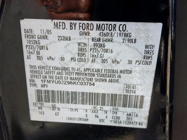 1FMYU03Z96KC03754 - 2006 FORD ESCAPE XLT BLACK photo 10